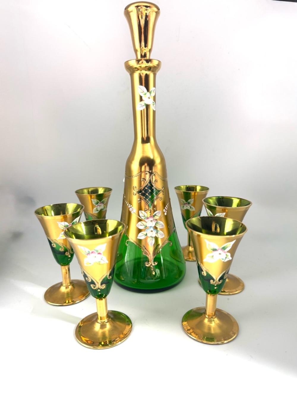 Bohemian Gold & Emerald Green Hand-Painted Floral Cordial Glasses – Set of 6